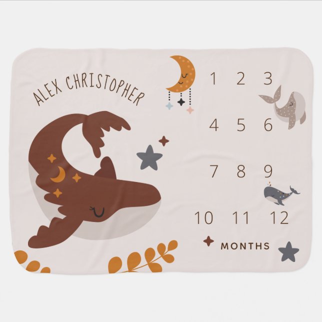 Boho Whales Bohemian Celestial Nautical Milestone Baby Blanket (Horizontal)