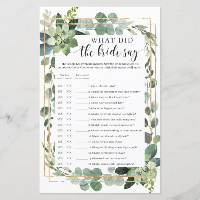 Boho What did the bride say game succulent (Front)