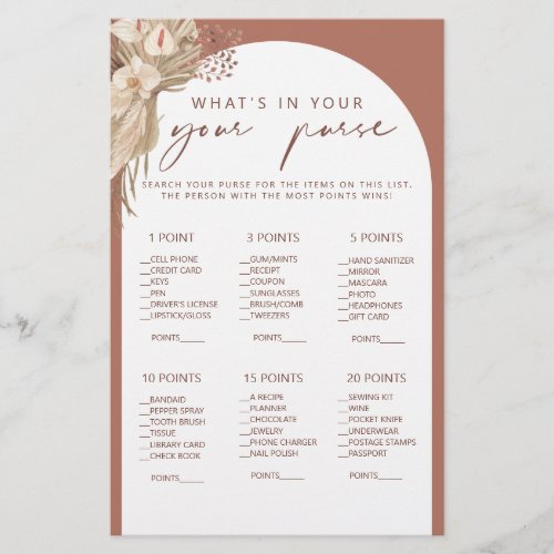 Boho whats in your purse bridal shower game flyer
