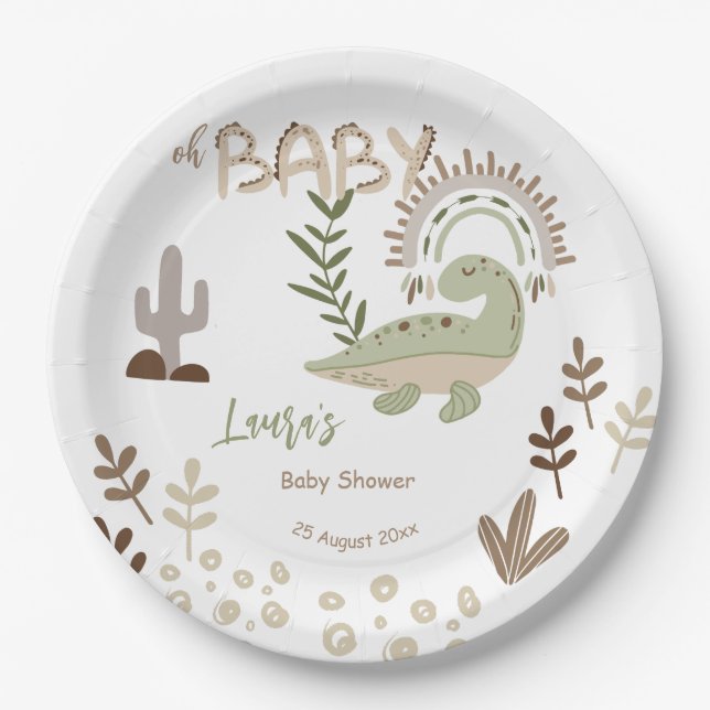 Boho whimsical dinosaur oh baby baby shower  paper plates (Front)