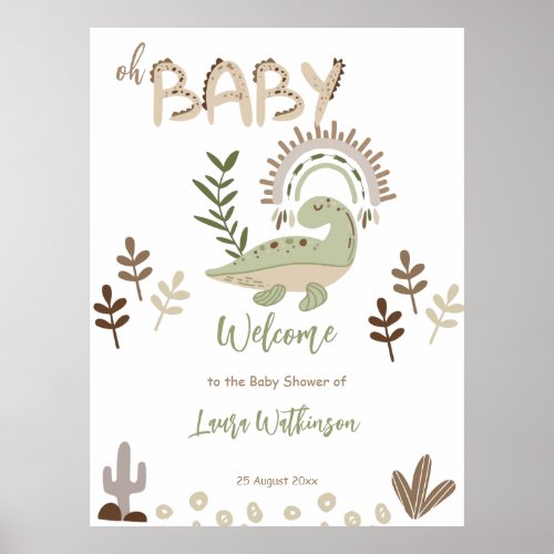 Boho whimsical dinosaur oh baby baby shower  poster