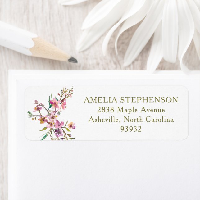 Boho Whimsical Pink Wildflowers Return Address Label (Insitu)