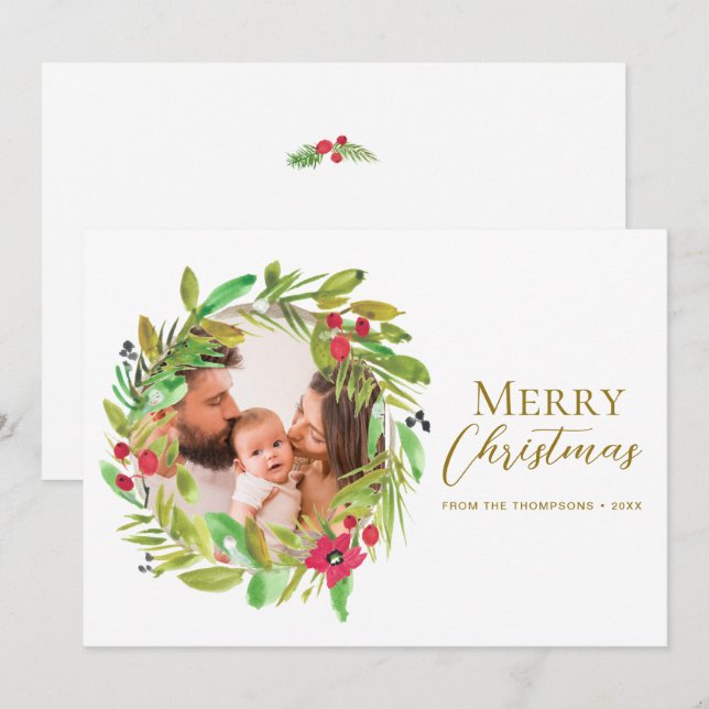 Boho Whimsical Wreath Merry Christmas Family Photo Holiday Card (Front/Back)