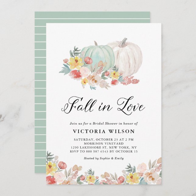 Boho White and Blue Pumpkin Fall Bridal Shower Invitation (Front/Back)