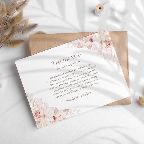 Boho White and Blush Pink Roses Wedding Thank You Card