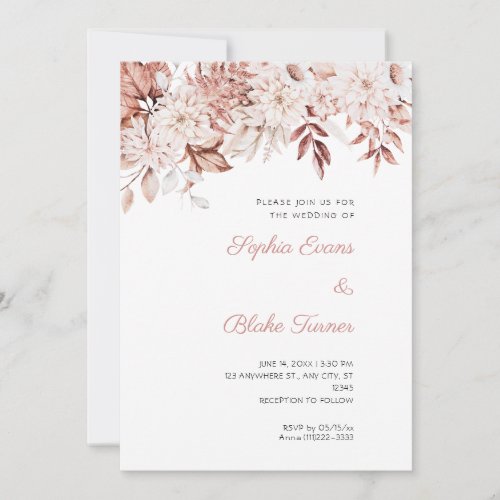 Boho White and Brown Floral Winter White Wedding Invitation