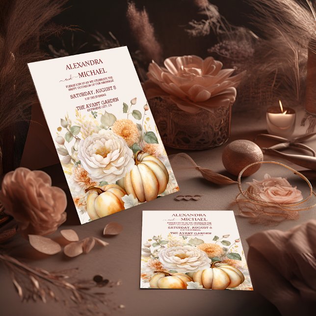 Boho White and Gold Glitter Pumpkins Wedding Invitation (Creator Uploaded)