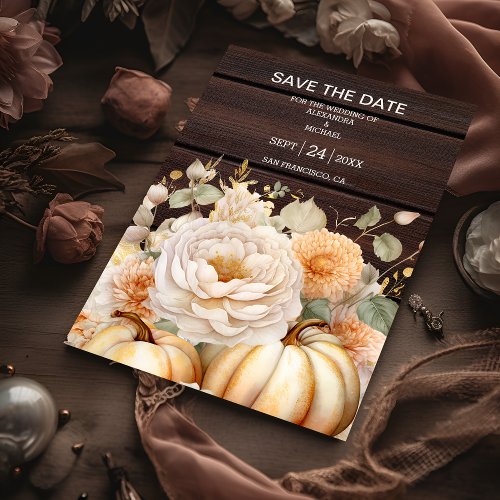 Boho White and Gold Glitter Pumpkins Wedding Save The Date