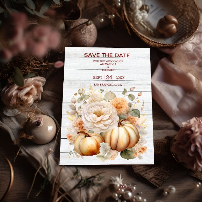 Boho White and Gold Glitter Pumpkins Wedding Save The Date (Creator Uploaded)