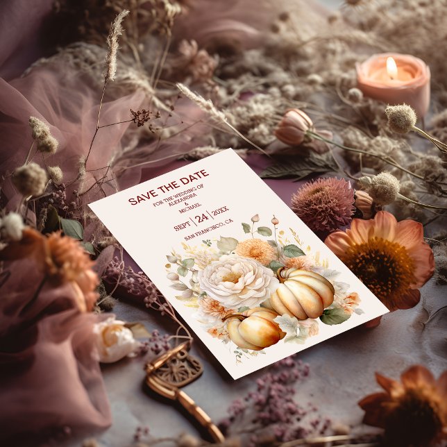 Boho White and Gold Glitter Pumpkins Wedding Save The Date (Creator Uploaded)