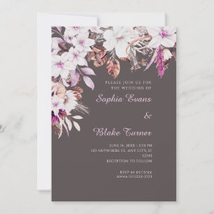 Boho White and Pink Floral Autumn Ash Gray Wedding Invitation