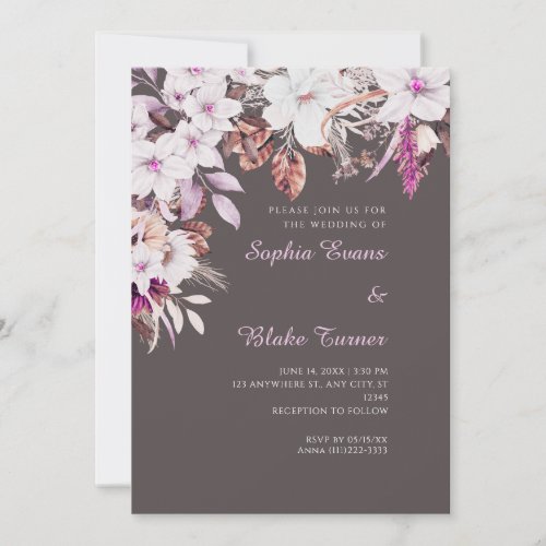 Boho White and Pink Floral Autumn Ash Gray Wedding Invitation