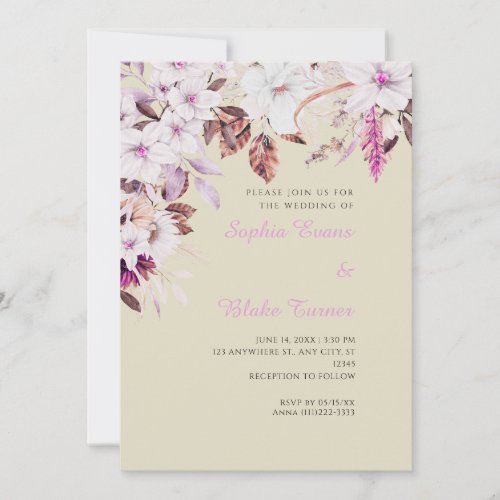 Boho White and Pink Floral Autumn Bamboo Wedding Invitation