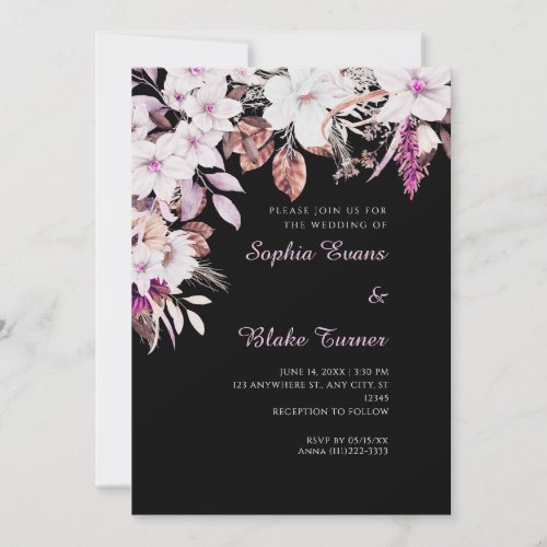 Boho White and Pink Floral Autumn Black Wedding Invitation