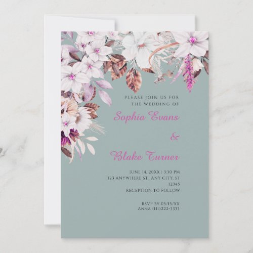 Boho White and Pink Floral Autumn Green Wedding Invitation