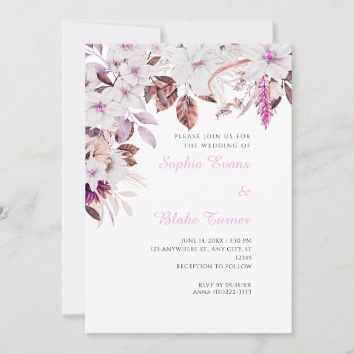 Boho White and Pink Floral Autumn White Wedding Invitation