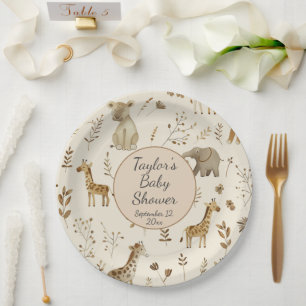 Boho White Beige Jungle Animals Baby Shower Paper Plates