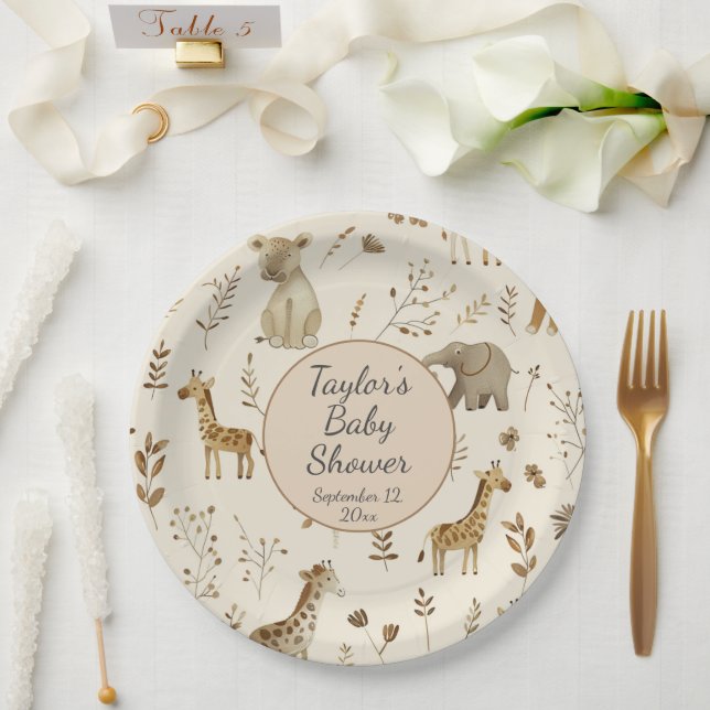 Boho White Beige Jungle Animals Baby Shower Paper Plates (Wedding)
