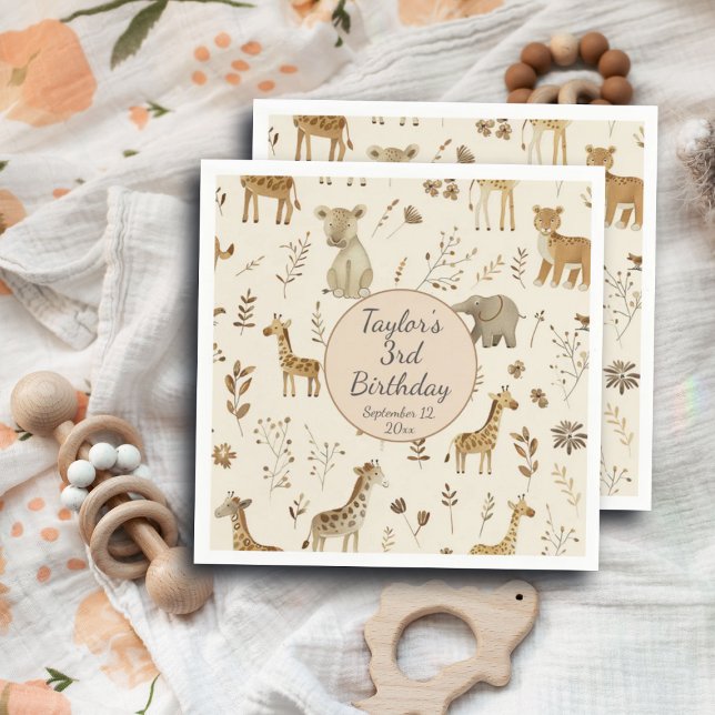 Boho White Beige Jungle Animals Birthday Napkins (Creator Uploaded)