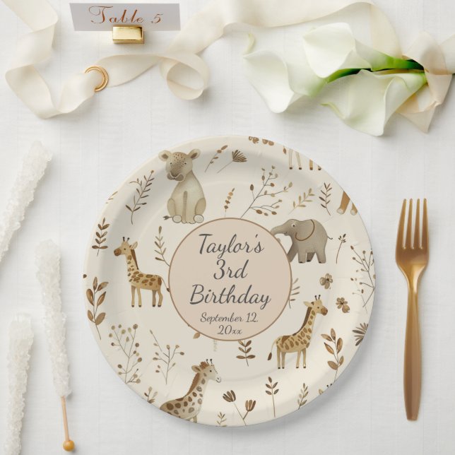 Boho White Beige Jungle Animals Birthday Paper Plates (Wedding)