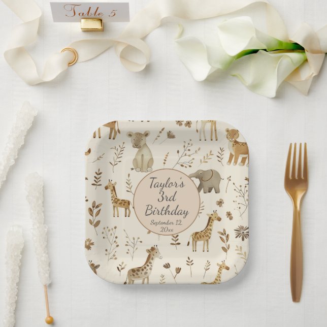 Boho White Beige Jungle Animals Birthday Paper Plates (Wedding)