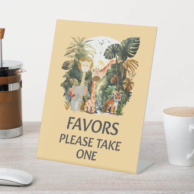 Boho White Beige Jungle Animals Favors Table Pedestal Sign (In SItu)