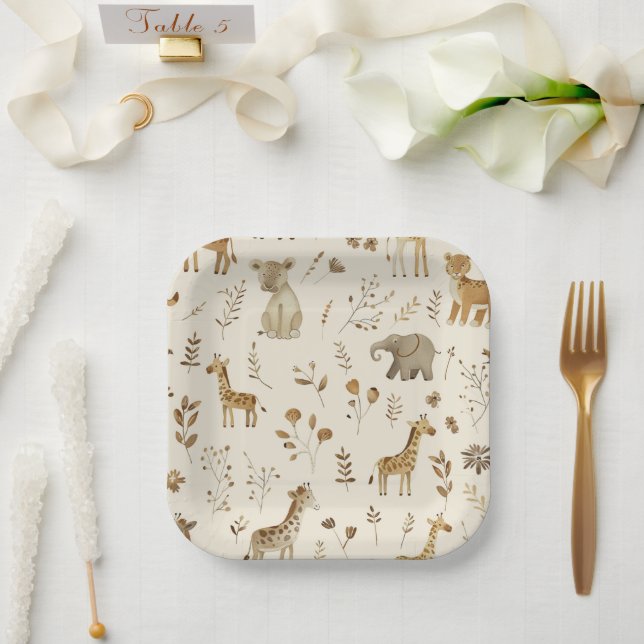 Boho White Beige Jungle Animals  Paper Plates (Wedding)