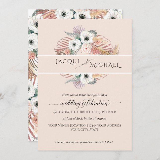 Boho White Blush Floral Palm Foliage Pampas Grass Invitation (Front/Back)