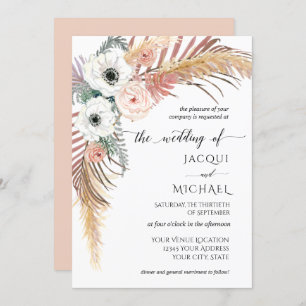 Boho White Blush Floral Pampas Grass Palm Foliage Invitation