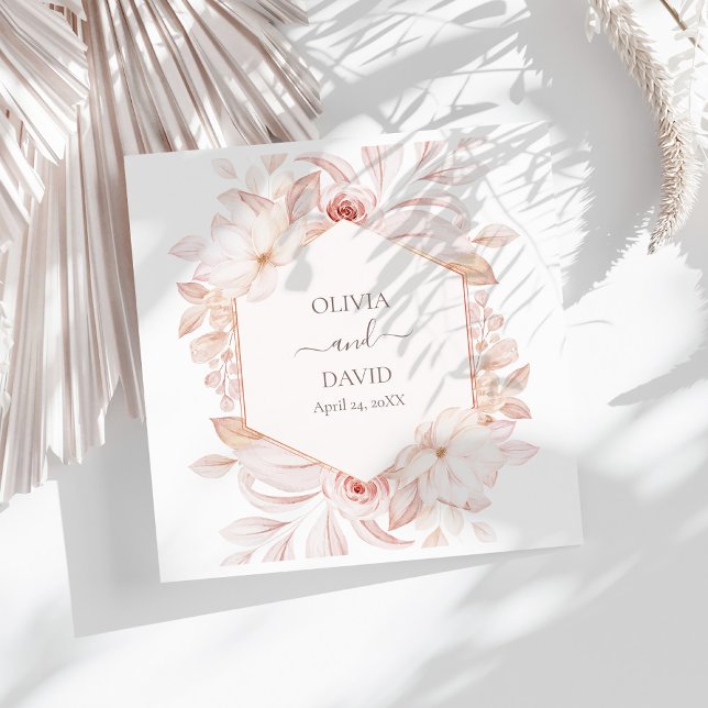 Boho White & Blush Pink Roses Wedding Napkins (Boho Beige and Pink Roses Wedding Napkins on a sunny  wihte table.)