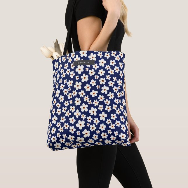 Boho White Daisies Blue Pattern Tote Bag (Close Up)