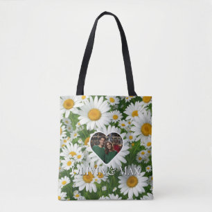 Boho white daisies floral photo template tote bag