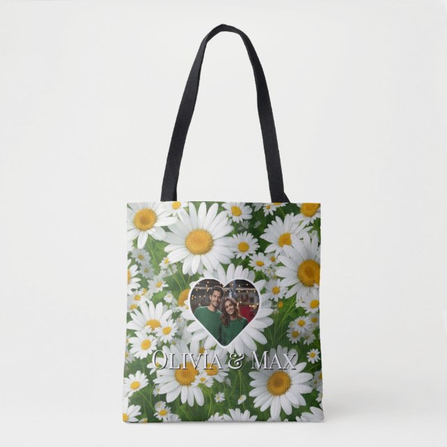 Boho white daisies floral photo template  tote bag (Front)