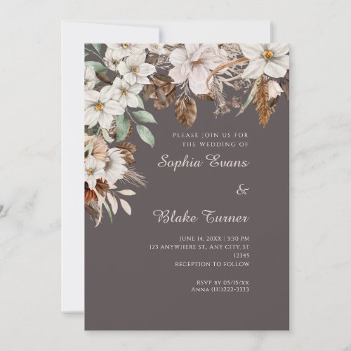 Boho White Floral Autumn Ash Gray Wedding Invitation