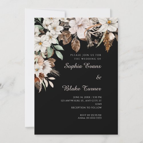 Boho White Floral Autumn Black Wedding Invitation