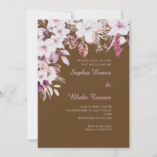 Boho White Floral Autumn Dark Brown Wedding Invitation