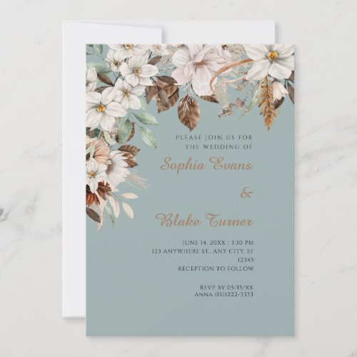 Boho White Floral Autumn Green Wedding Invitation
