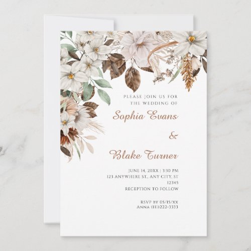 Boho White Floral Autumn White Wedding Invitation