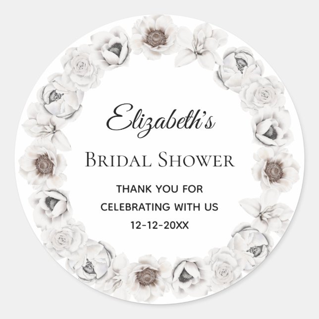 Boho White Floral Bridal Shower  Classic Round Sticker (Front)