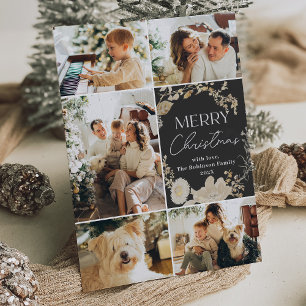 Boho White Floral Dark Photo Christmas Holiday Card