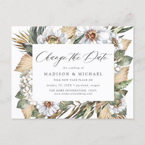 Boho White Floral  Greenery Change the Date Announcement Postcard