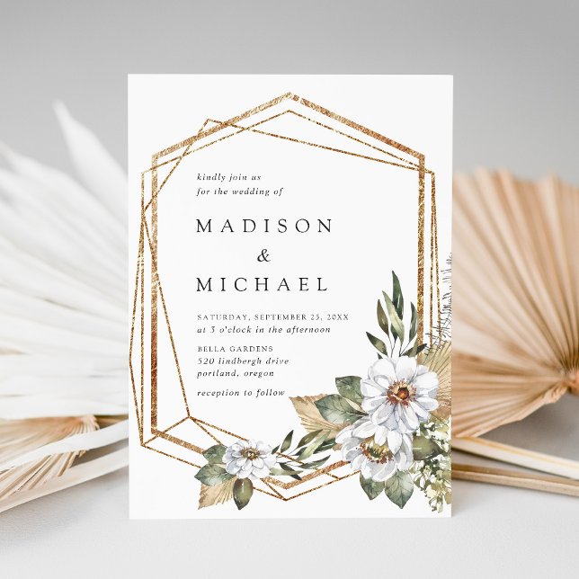 Boho White Floral & Greenery Geometric Wedding Invitation (Creator Uploaded)
