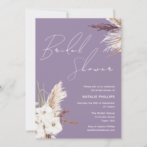 Boho White Floral Lavender Purple Bridal Shower Invitation