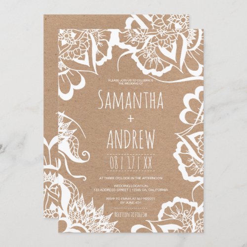 Boho white floral mandala rustic kraft wedding invitation