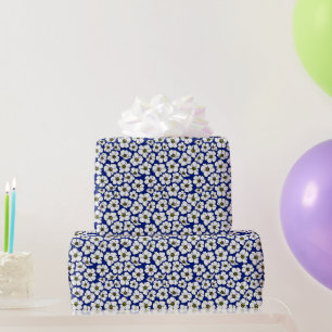 Boho White Floral On Blue Wrapping Paper