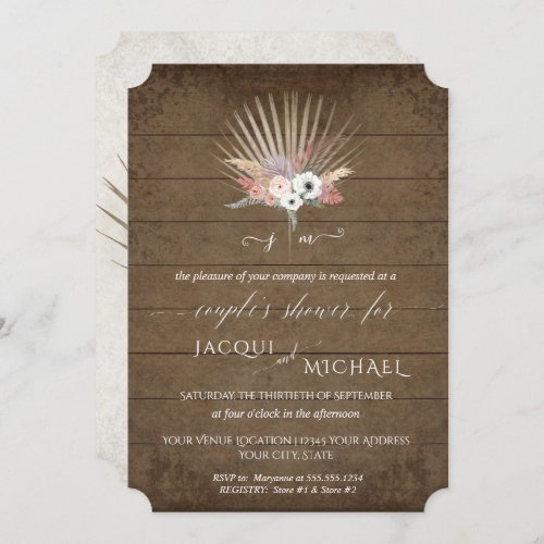 BOHO White Floral Palm Rustic Wood Couples Shower Invitation