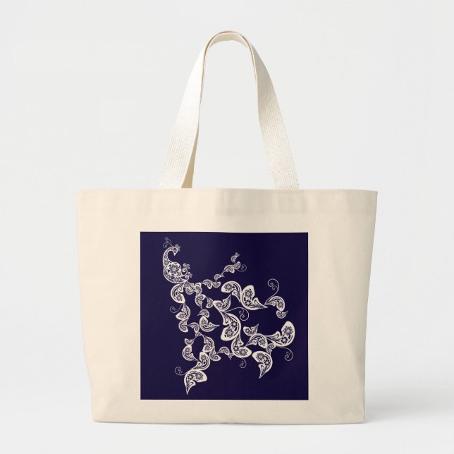 Boho White Floral Peacock With Paisley Pattern Large Tote Bag (Front)