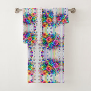 Boho White Floral Rainbow Bath Towel Set