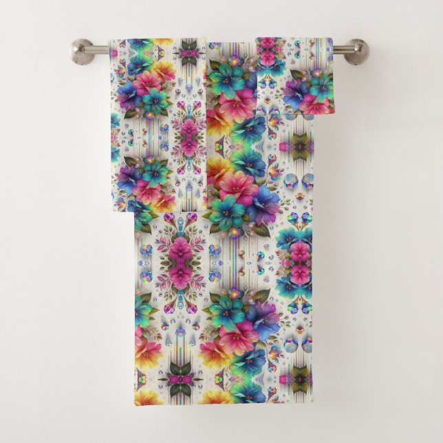 Boho White Floral Rainbow Bath Towel Set (Insitu)