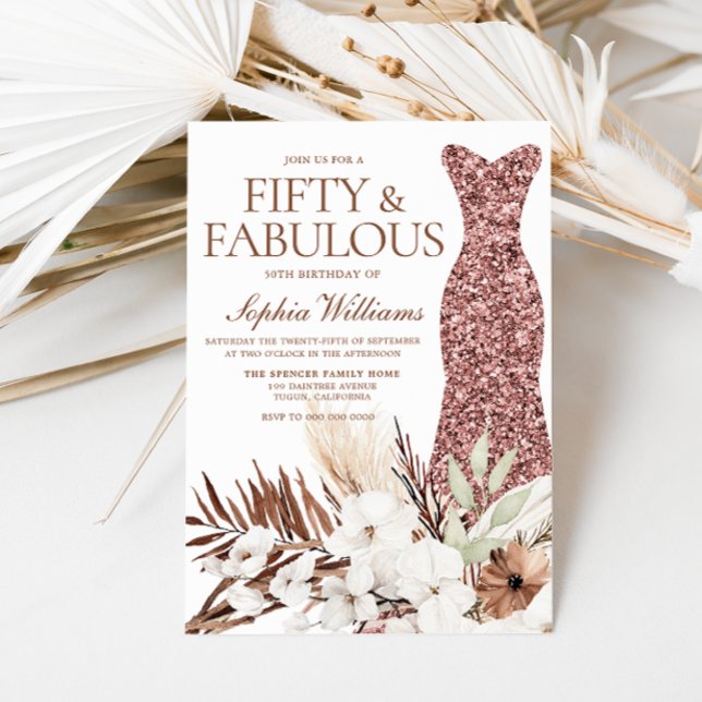 Boho White Floral Rose Gold Dress 50th Birthday Invitation (Creator Uploaded)